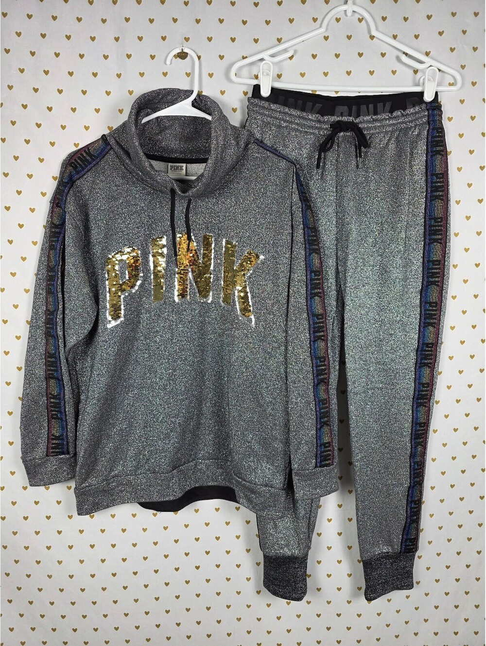 Victoria's Secret PINK Shimmer Flip Sequin Rainbow Sweater Sweats Set SM BLING